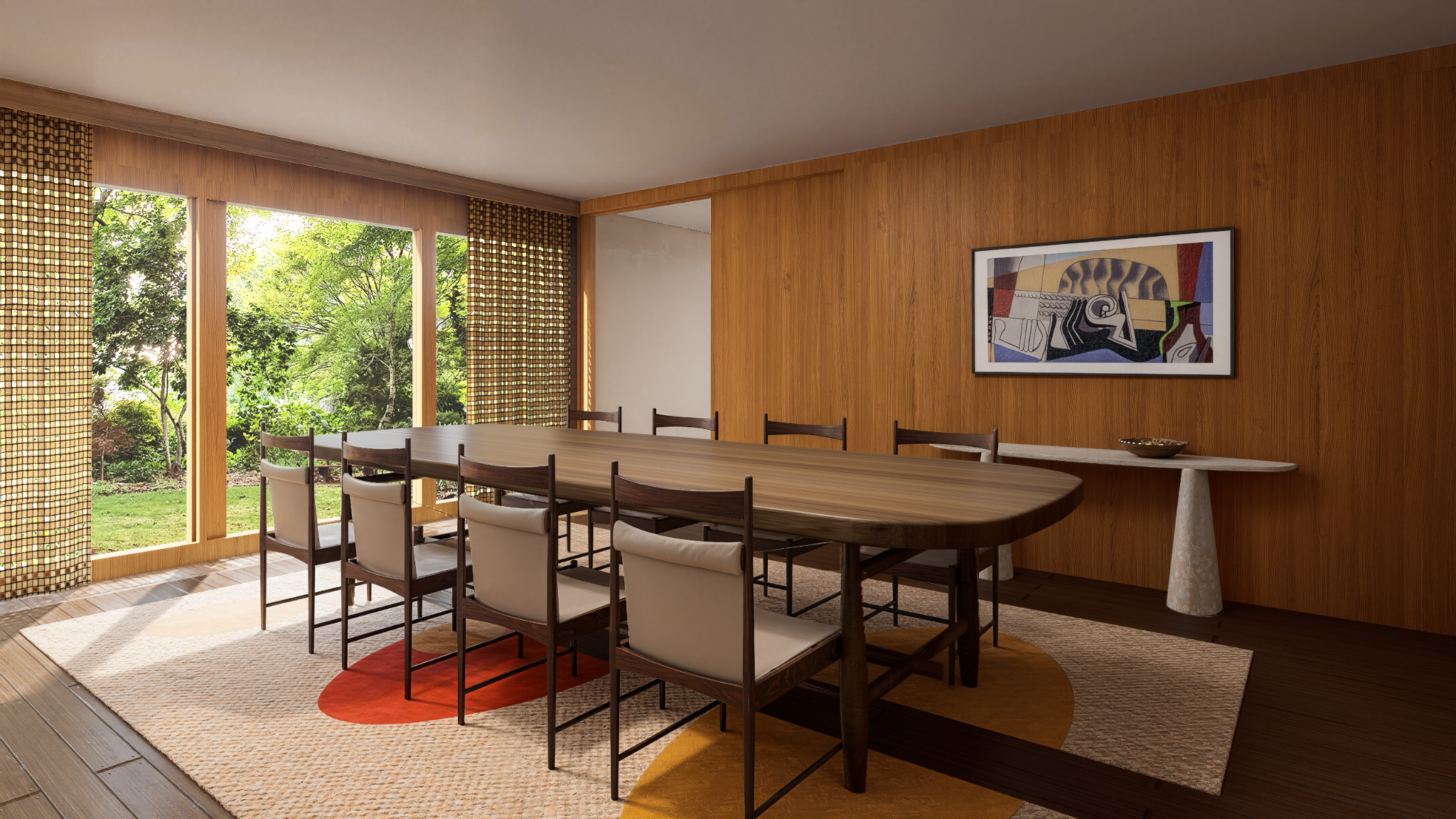 Dining room with a long table, sculptural chairs, patterned rug, timber paneling and framed artwork