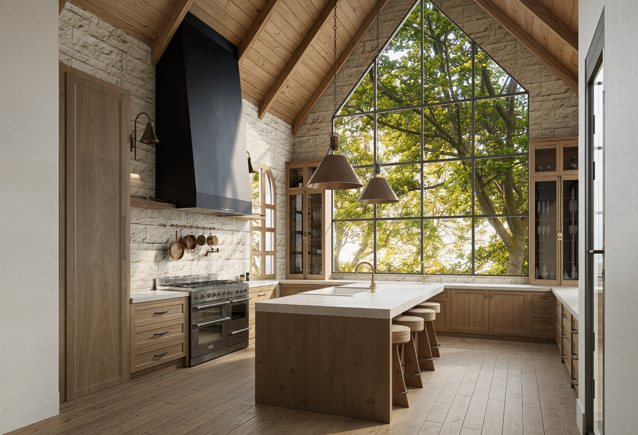 Kimbro Residence kitchen with vaulted timber ceiling, triangular glazing, stone walls and an island